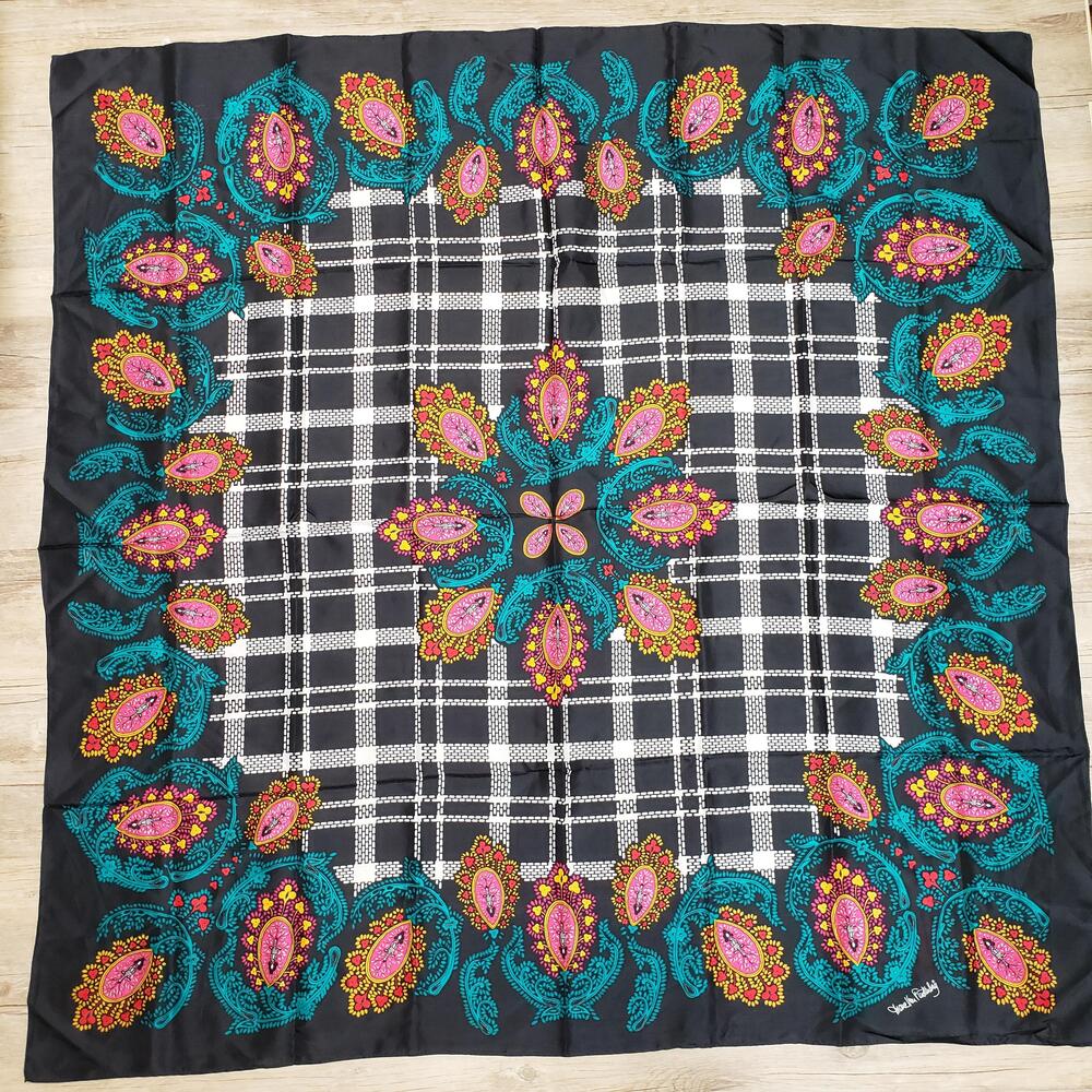 Diane von Furstenberg Scarf Womens Black Silk Square Satin Paisley Floral 42"